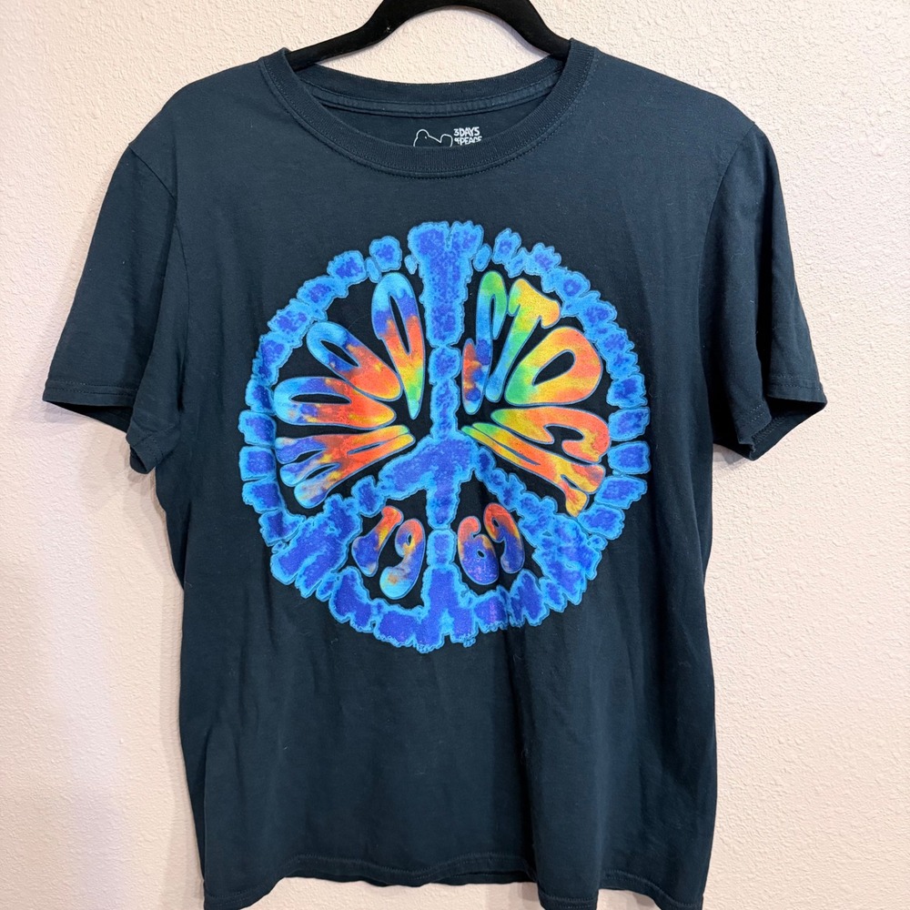 Woodstock 1969 Peace Sign Graphic T-Shirt Mens Medium Black Tie Dye Logo 2011